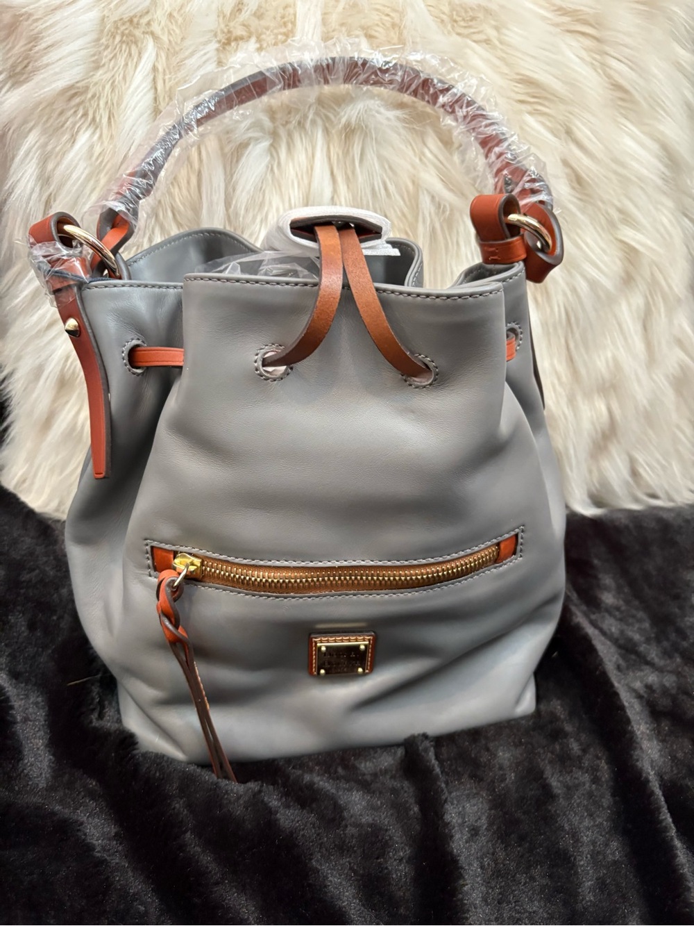 Dooney & Bourke Gray Leather Bucket Bag with Tan Trim